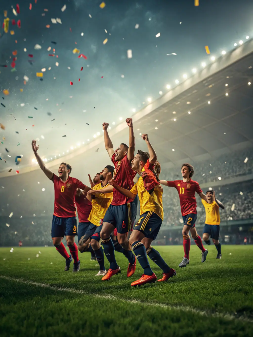 A vibrant image of young soccer players in Selectivos Premier jerseys celebrating a goal, showcasing the team's energy and spirit.